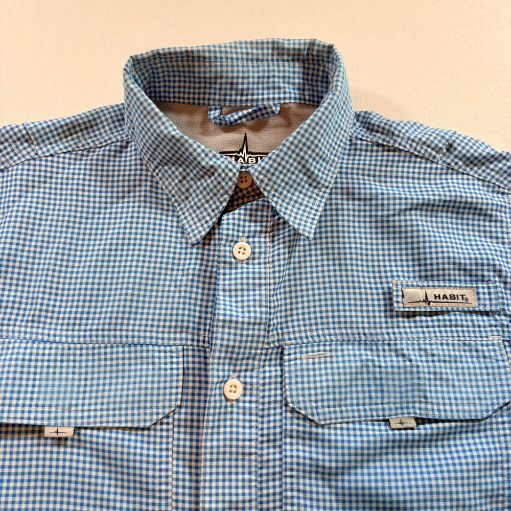 Habit Fishing Shirt Mens Small Blue Gingham Long Sleeve UPF 40 Vented Outdoor